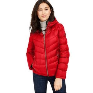 Michael Michael Kors Red Hooded Packable Down Puffer Coat